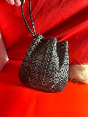 Coach Gray & Black Signature Drawstring Mini Bucket Bag